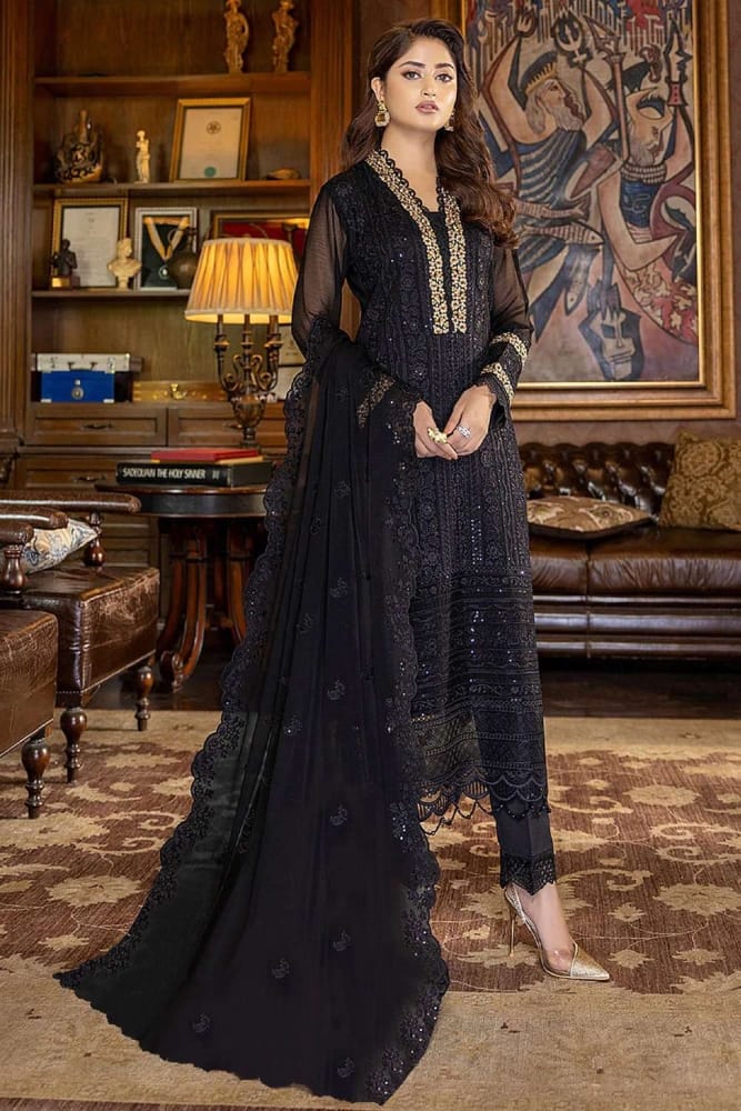 Black Pakistani suit Online, Designer Faux georgette Pakistani suit with Black, Dupatta UK : SK15119 Black Pakistani suit Online, Designer Faux georgette Pakistani suit with Black, Dupatta UK : SK15119