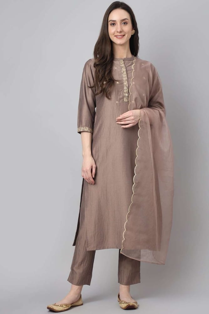 Brown Straight suit Online, Designer Chiffon Straight suit with Brown,  Dupatta UK : SK153013
